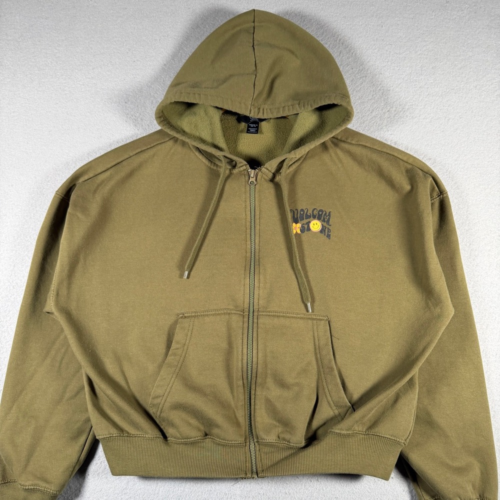 Volcom Stone Womens XL Olive Green Full Zip Graphic Hoodie B4802400 Smiley Face